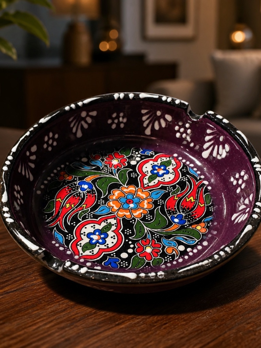 NWOT Hand Painted Turkish Ceramic Ashtray Purple Floral Pattern